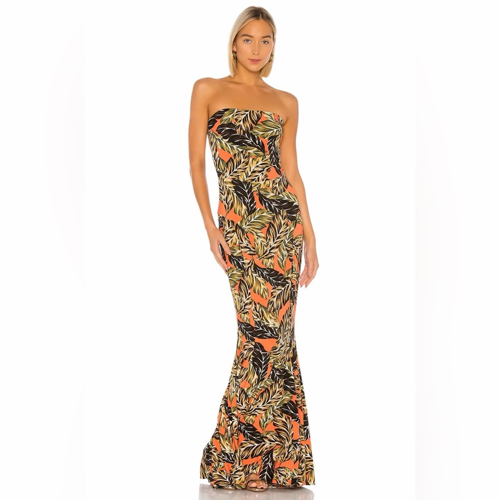 Norma Kamali Strapless Fishtail Gown in Orange Falling Leaves